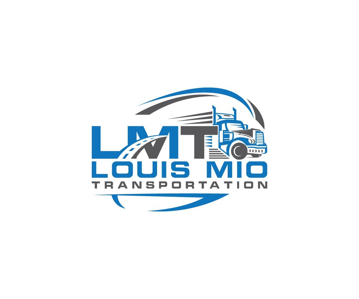 Louis Mio Transportation logo featuring blue text with an illustration of a semi truck and circular design elements
